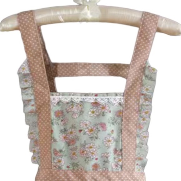 Apron Bib Sweet Vintage Retro Vibe  Pockets Waist Tie Floral Polka Dot Green - Picture 2 of 14
